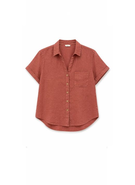CAMISA EFECTO LINO MANGA CORTA COLOR TEJA