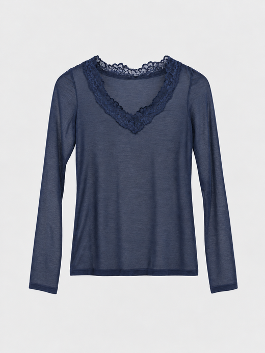 CAMISETA DE MANGA LARGA CON ENCAJE AZUL MARINO
