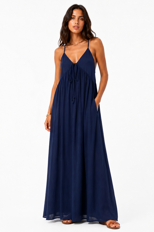 VESTIDO LARGO TIRANTES CRUZADOS AZUL MARINO
