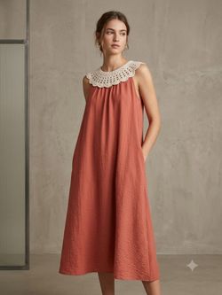 VESTIDO MIDI CORAL CON CUELLO CROCHET